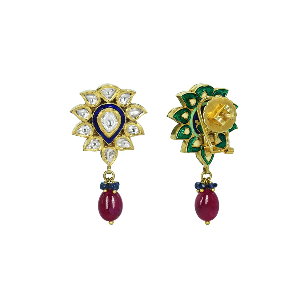 Floral Polki Earrings with Blue Meenakari and Ruby Drops